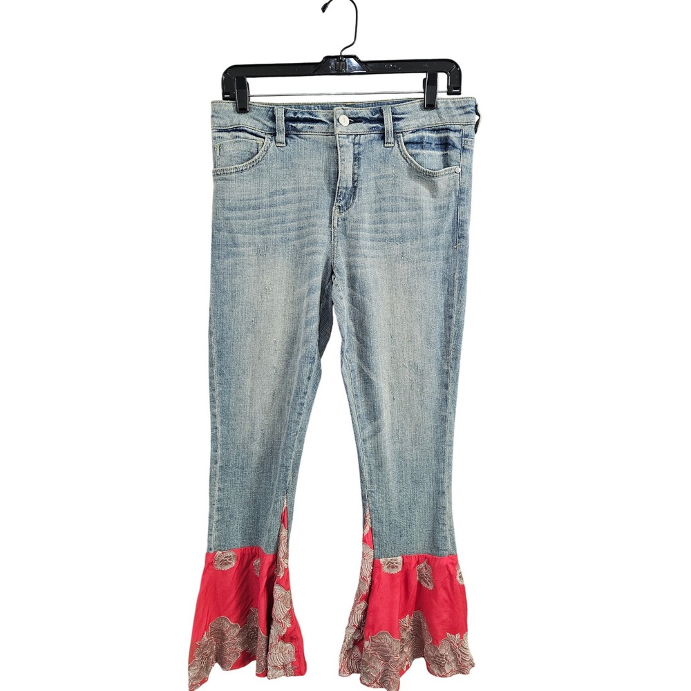 Pilcro and the Letterpress Light Wash Flare Jeans Script Boho Retro Style Ruffle